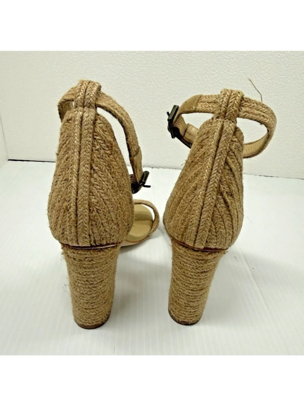 Jeffrey Campbell Espadrille Ankle Strap Sandals 7 Tan Beige Jute Block Heel Boho